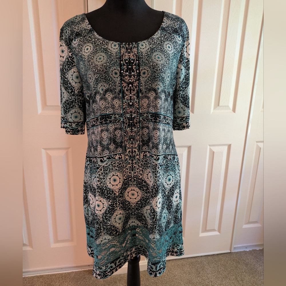 Elegant Teal and Black Patterned Dress XL